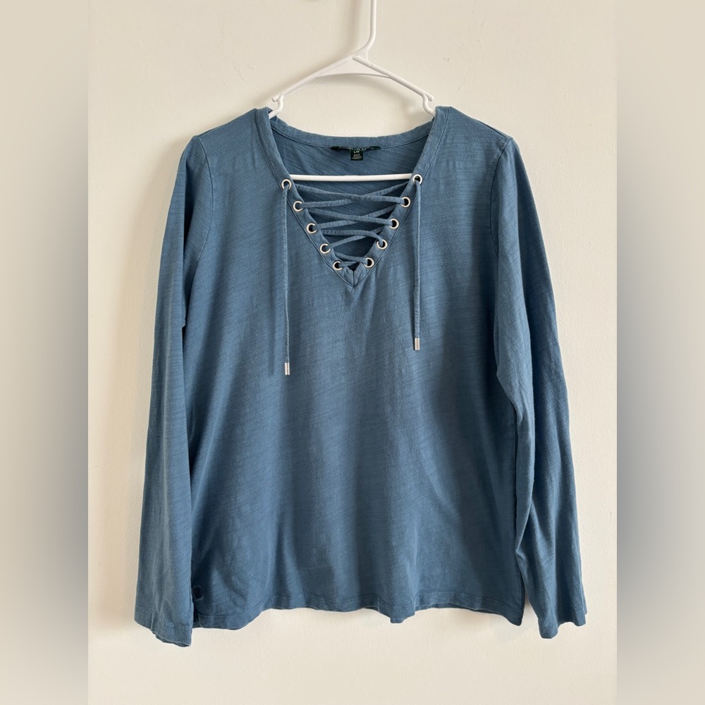 Lauren Ralph Lauren Blouse Women's L Blue Long Sleeve Lace Up Nautical classic
